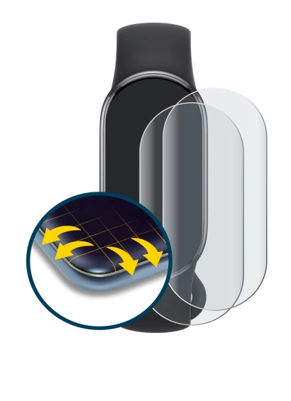 Abbildung des Geräts Xiaomi Smart Band 10 mit einer Vielzahl des Displayschutzes.