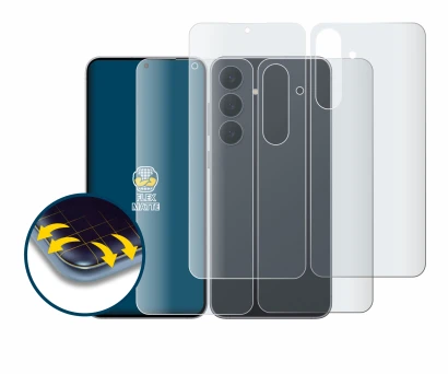 Abbildung des Geräts Samsung Galaxy S25 FE (Display+Rückseite) mit einer Vielzahl des Displayschutzes.