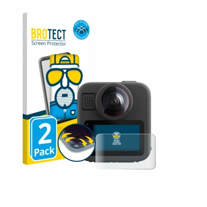 Vorderseite einer Produktverpackung mit dem Markenlogo BROTECT. Daneben ist das Gerät GoPro Max 2 mit dem zugehörigen Displays