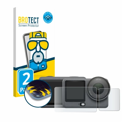 Vorderseite einer Produktverpackung mit dem Markenlogo BROTECT. Daneben ist das Gerät DJI Osmo Action 6 mit dem zugehörigen Di