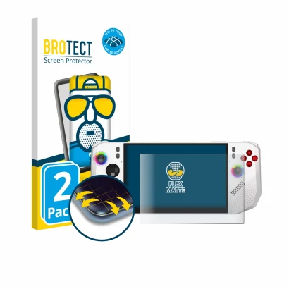 Vorderseite einer Produktverpackung mit dem Markenlogo BROTECT. Daneben ist das Gerät MSI Claw A8 BZ2EM mit dem zugehörigen Di