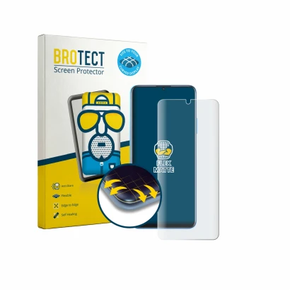 Vorderseite einer Produktverpackung mit dem Markenlogo BROTECT. Daneben ist das Gerät Huawei Enjoy 70z mit dem zugehörigen Dis