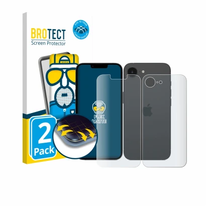 Vorderseite einer Produktverpackung mit dem Markenlogo BROTECT. Daneben ist das Gerät Apple iPhone 17e (Display+Rückseite) mit