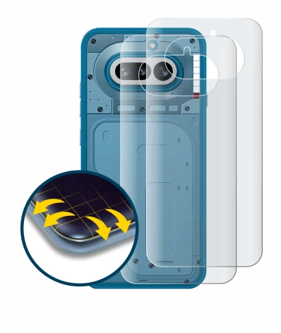 Abbildung des Geräts Nothing Phone (4a) (Rückseite) mit einer Vielzahl des Displayschutzes.