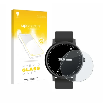 Vorderseite einer Produktverpackung mit dem Markenlogo upscreen. Daneben ist das Gerät Armbanduhren (Kreisrund, ø: 39 mm) mit 