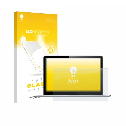 Vorderseite einer Produktverpackung mit dem Markenlogo upscreen. Daneben ist das Gerät mit dem zugehörigen Displayschutz abgeb