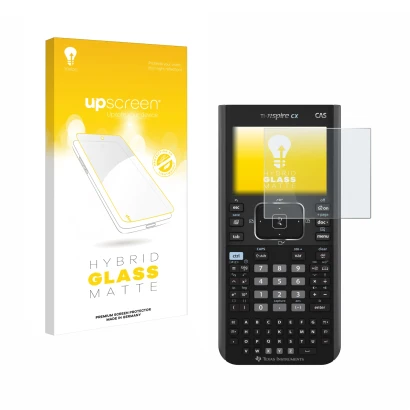 Vorderseite einer Produktverpackung mit dem Markenlogo upscreen. Daneben ist das Gerät Texas Instruments Nspire CX CAS mit dem