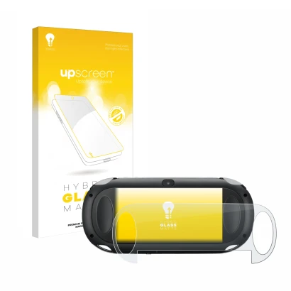 Vorderseite einer Produktverpackung mit dem Markenlogo upscreen. Daneben ist das Gerät Sony Playstation PCH-1000-Serie PS Vita