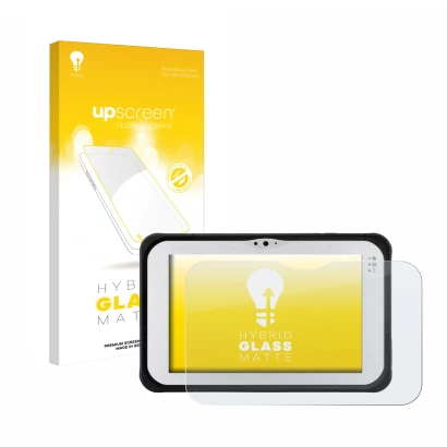 Vorderseite einer Produktverpackung mit dem Markenlogo upscreen. Daneben ist das Gerät Panasonic Toughpad FZ-M1 mit dem zugehö