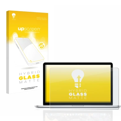 Vorderseite einer Produktverpackung mit dem Markenlogo upscreen. Daneben ist das Gerät Apple MacBook Pro Retina 15