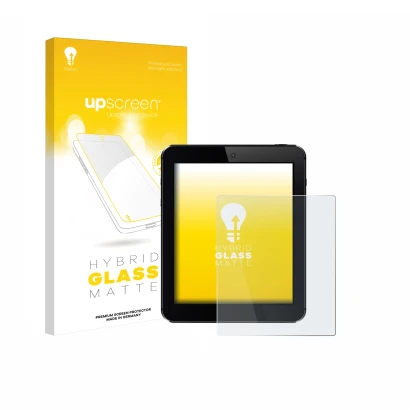 Vorderseite einer Produktverpackung mit dem Markenlogo upscreen. Daneben ist das Gerät mit dem zugehörigen Displayschutz abgeb