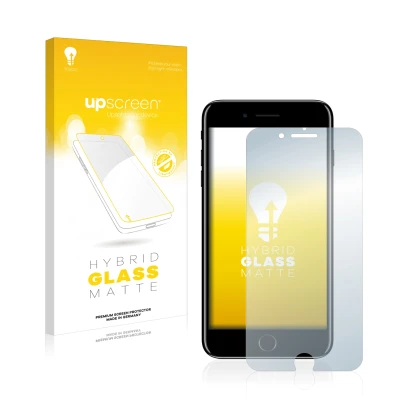 Vorderseite einer Produktverpackung mit dem Markenlogo upscreen. Daneben ist das Gerät Apple iPhone 7 Plus mit dem zugehörigen