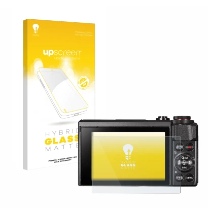 Vorderseite einer Produktverpackung mit dem Markenlogo upscreen. Daneben ist das Gerät Canon PowerShot G7 X Mark II mit dem zu