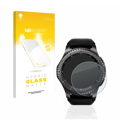 Vorderseite einer Produktverpackung mit dem Markenlogo upscreen. Daneben ist das Gerät Samsung Gear S3 Frontier mit dem zugehö