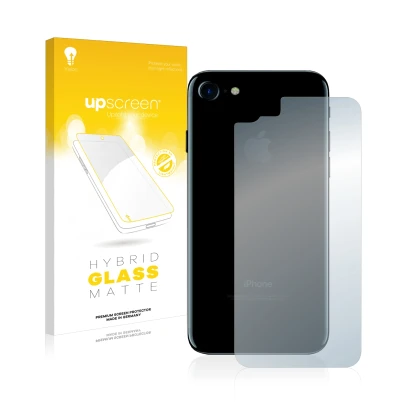 Vorderseite einer Produktverpackung mit dem Markenlogo upscreen. Daneben ist das Gerät Apple iPhone 7 Rückseite (gesamte Fläch