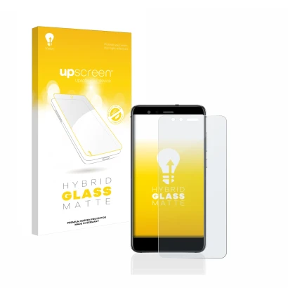 Vorderseite einer Produktverpackung mit dem Markenlogo upscreen. Daneben ist das Gerät Huawei P10 Lite mit dem zugehörigen Dis