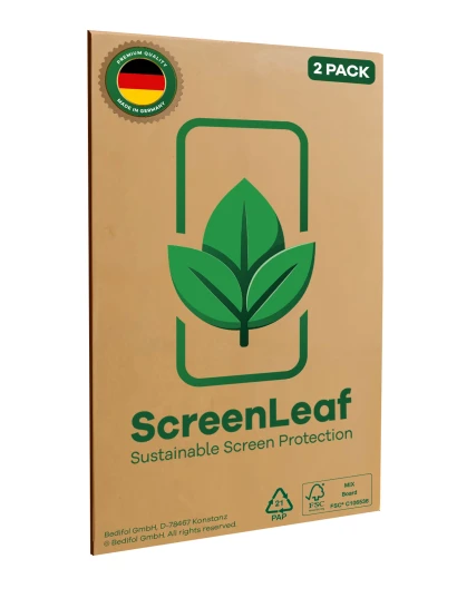 Vorderseite einer Produktverpackung mit dem Markenlogo ScreenLeaf