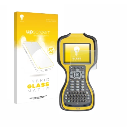 Vorderseite einer Produktverpackung mit dem Markenlogo upscreen. Daneben ist das Gerät Trimble TSC3 mit dem zugehörigen Displa