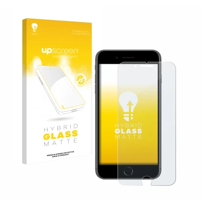 Vorderseite einer Produktverpackung mit dem Markenlogo upscreen. Daneben ist das Gerät Apple iPhone 8 Plus mit dem zugehörigen