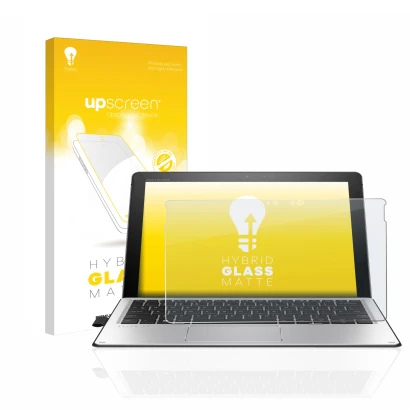 Vorderseite einer Produktverpackung mit dem Markenlogo upscreen. Daneben ist das Gerät HP Elite x2 1012 G2 mit dem zugehörigen