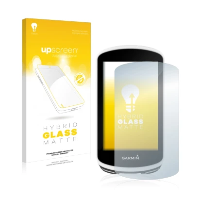 Vorderseite einer Produktverpackung mit dem Markenlogo upscreen. Daneben ist das Gerät Garmin Edge 1030 mit dem zugehörigen Di