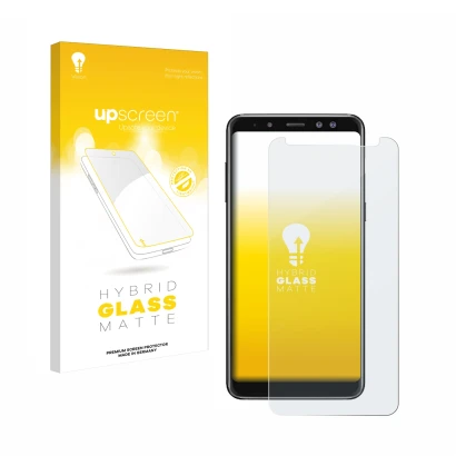 Vorderseite einer Produktverpackung mit dem Markenlogo upscreen. Daneben ist das Gerät Samsung Galaxy A8 2018 mit dem zugehöri