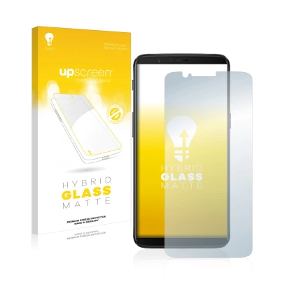 Vorderseite einer Produktverpackung mit dem Markenlogo upscreen. Daneben ist das Gerät OnePlus 5T mit dem zugehörigen Displays