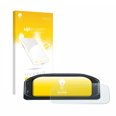 Vorderseite einer Produktverpackung mit dem Markenlogo upscreen. Daneben ist das Gerät Volkswagen Active Info Display T-Roc mi