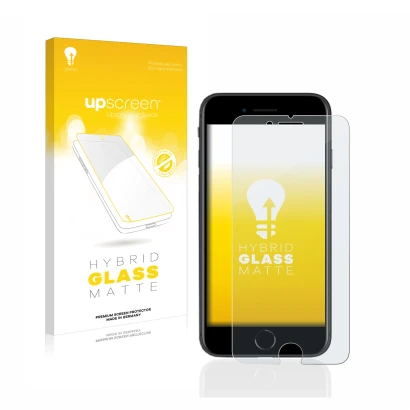 Vorderseite einer Produktverpackung mit dem Markenlogo upscreen. Daneben ist das Gerät Apple iPhone SE 2 2020 mit dem zugehöri