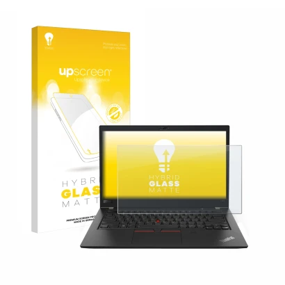 Vorderseite einer Produktverpackung mit dem Markenlogo upscreen. Daneben ist das Gerät Lenovo ThinkPad T480s mit dem zugehörig