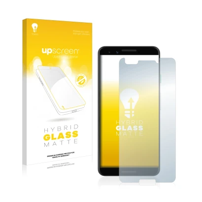 Vorderseite einer Produktverpackung mit dem Markenlogo upscreen. Daneben ist das Gerät Google Pixel 3 mit dem zugehörigen Disp