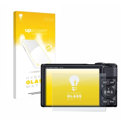 Vorderseite einer Produktverpackung mit dem Markenlogo upscreen. Daneben ist das Gerät Canon PowerShot SX740 HS mit dem zugehö