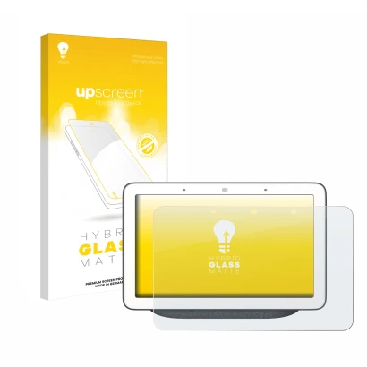 Vorderseite einer Produktverpackung mit dem Markenlogo upscreen. Daneben ist das Gerät Google Home Hub mit dem zugehörigen Dis