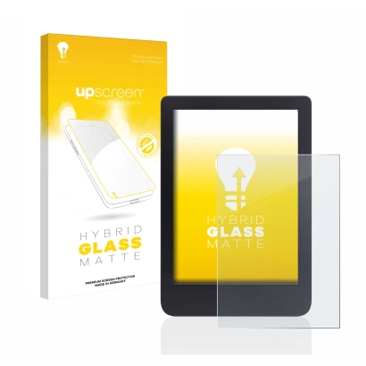 Vorderseite einer Produktverpackung mit dem Markenlogo upscreen. Daneben ist das Gerät Tolino Shine 3 mit dem zugehörigen Disp