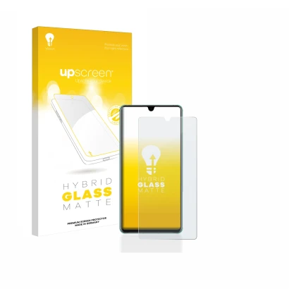 Vorderseite einer Produktverpackung mit dem Markenlogo upscreen. Daneben ist das Gerät Huawei P30 mit dem zugehörigen Displays