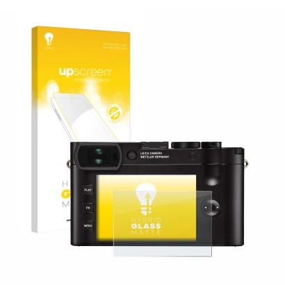 Vorderseite einer Produktverpackung mit dem Markenlogo upscreen. Daneben ist das Gerät Leica Q2 mit dem zugehörigen Displaysch