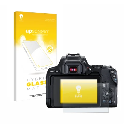 Vorderseite einer Produktverpackung mit dem Markenlogo upscreen. Daneben ist das Gerät Canon EOS 250D mit dem zugehörigen Disp