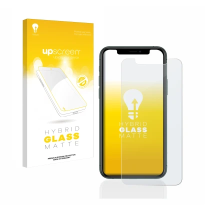 Vorderseite einer Produktverpackung mit dem Markenlogo upscreen. Daneben ist das Gerät Apple iPhone 11 Pro mit dem zugehörigen