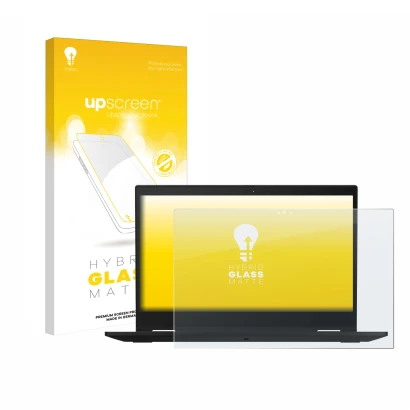 Vorderseite einer Produktverpackung mit dem Markenlogo upscreen. Daneben ist das Gerät Lenovo ThinkPad X390 Yoga mit dem zugeh