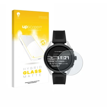 Vorderseite einer Produktverpackung mit dem Markenlogo upscreen. Daneben ist das Gerät Emporio Armani Connected Smartwatch 3 m