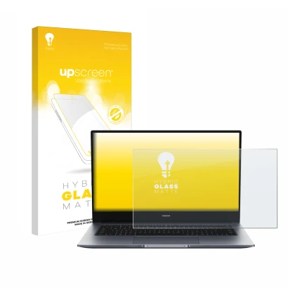 Vorderseite einer Produktverpackung mit dem Markenlogo upscreen. Daneben ist das Gerät Honor MagicBook 14" mit dem zugehörigen