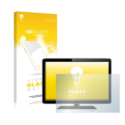 Vorderseite einer Produktverpackung mit dem Markenlogo upscreen. Daneben ist das Gerät mit dem zugehörigen Displayschutz abgeb