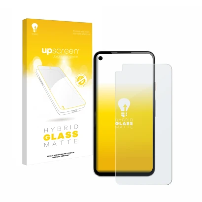 Vorderseite einer Produktverpackung mit dem Markenlogo upscreen. Daneben ist das Gerät Google Pixel 4a mit dem zugehörigen Dis