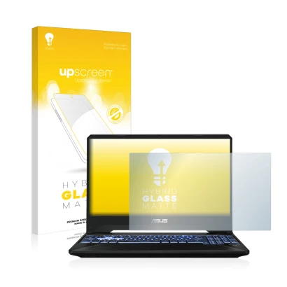 Vorderseite einer Produktverpackung mit dem Markenlogo upscreen. Daneben ist das Gerät ASUS TUF Gaming X505 mit dem zugehörige