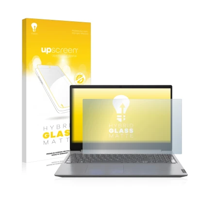 Vorderseite einer Produktverpackung mit dem Markenlogo upscreen. Daneben ist das Gerät Lenovo V15 15'' mit dem zugehörigen Dis