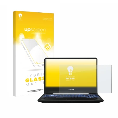 Vorderseite einer Produktverpackung mit dem Markenlogo upscreen. Daneben ist das Gerät ASUS TUF Gaming FX505DT mit dem zugehör