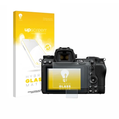 Vorderseite einer Produktverpackung mit dem Markenlogo upscreen. Daneben ist das Gerät Nikon Z 6 II mit dem zugehörigen Displa