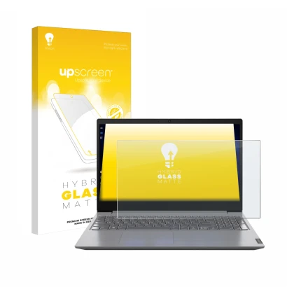 Vorderseite einer Produktverpackung mit dem Markenlogo upscreen. Daneben ist das Gerät Lenovo V15 82C70005GE mit dem zugehörig