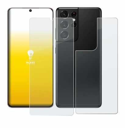 Abbildung des Geräts Samsung Galaxy S21 Ultra 5G (Display+Rückseite) mit einer Vielzahl des Displayschutzes.