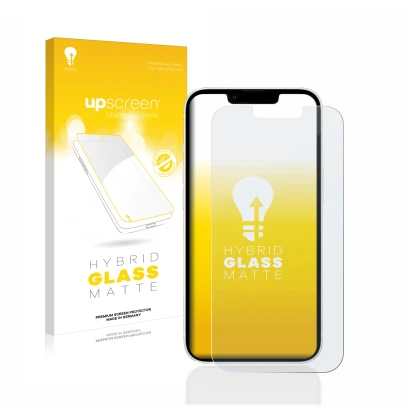 Vorderseite einer Produktverpackung mit dem Markenlogo upscreen. Daneben ist das Gerät Apple iPhone 13 mit dem zugehörigen Dis